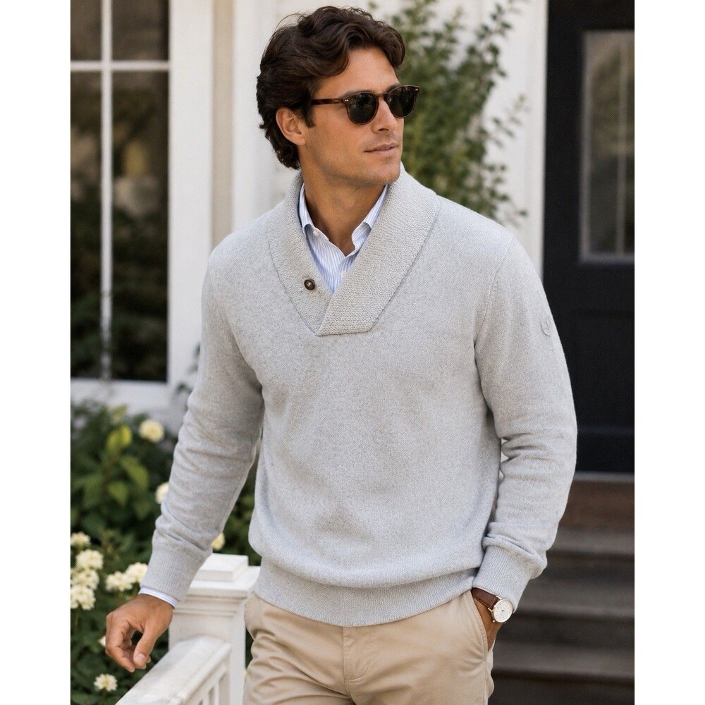 G/FORE Merino Wool Shawl Collar Sweater Gray Pullover Button Neck Luxury Knit M